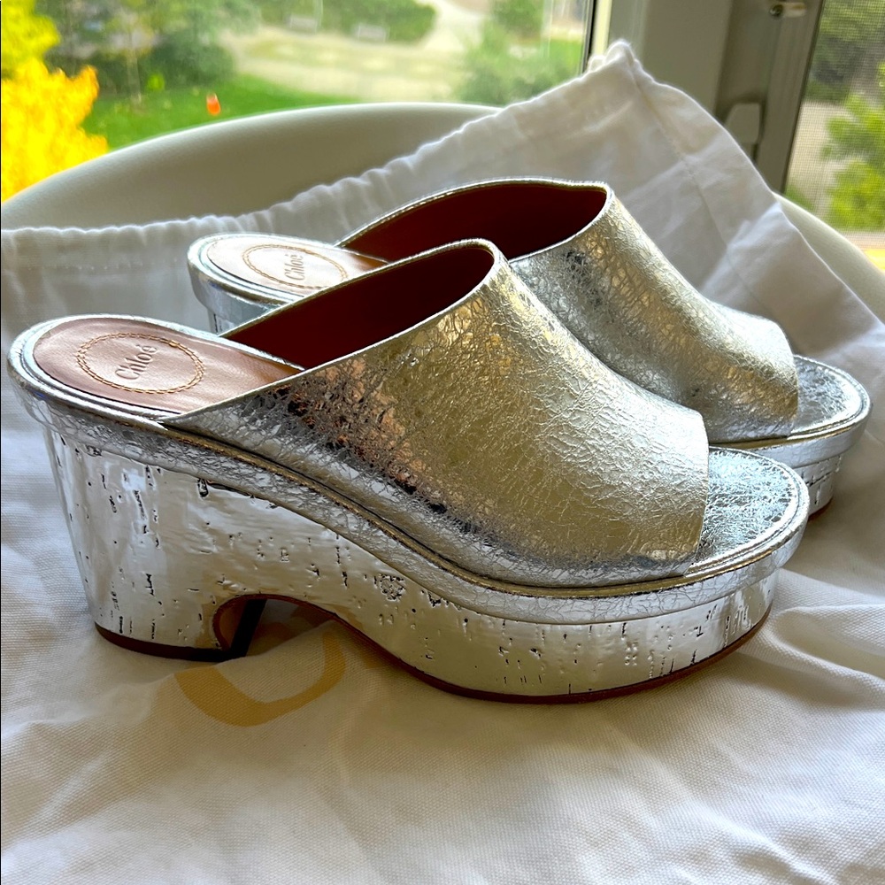 Chloe Metallic Silver Platform Mules